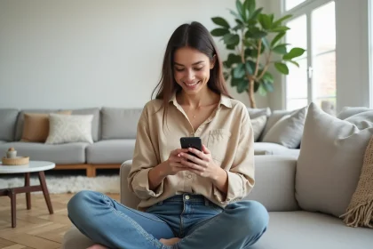 Femme utilisant une application de décoration intérieure sur smartphone dans un salon moderne au parquet en chêne