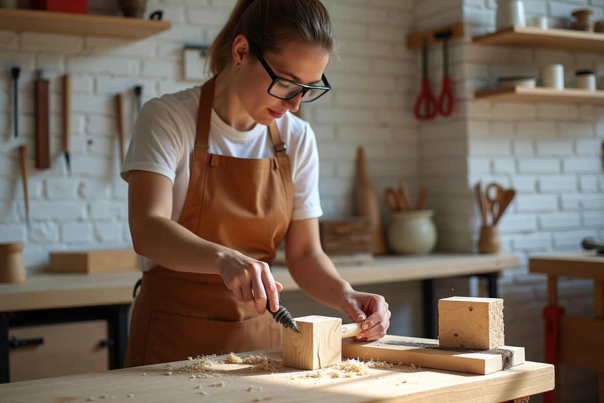 Femme artisane utilisant une gouge à bois pour sculpter un bloc de bois dans un atelier moderne