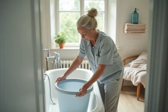 Femme d'âge moyen plaçant un seau en plastique dans une baignoire moderne