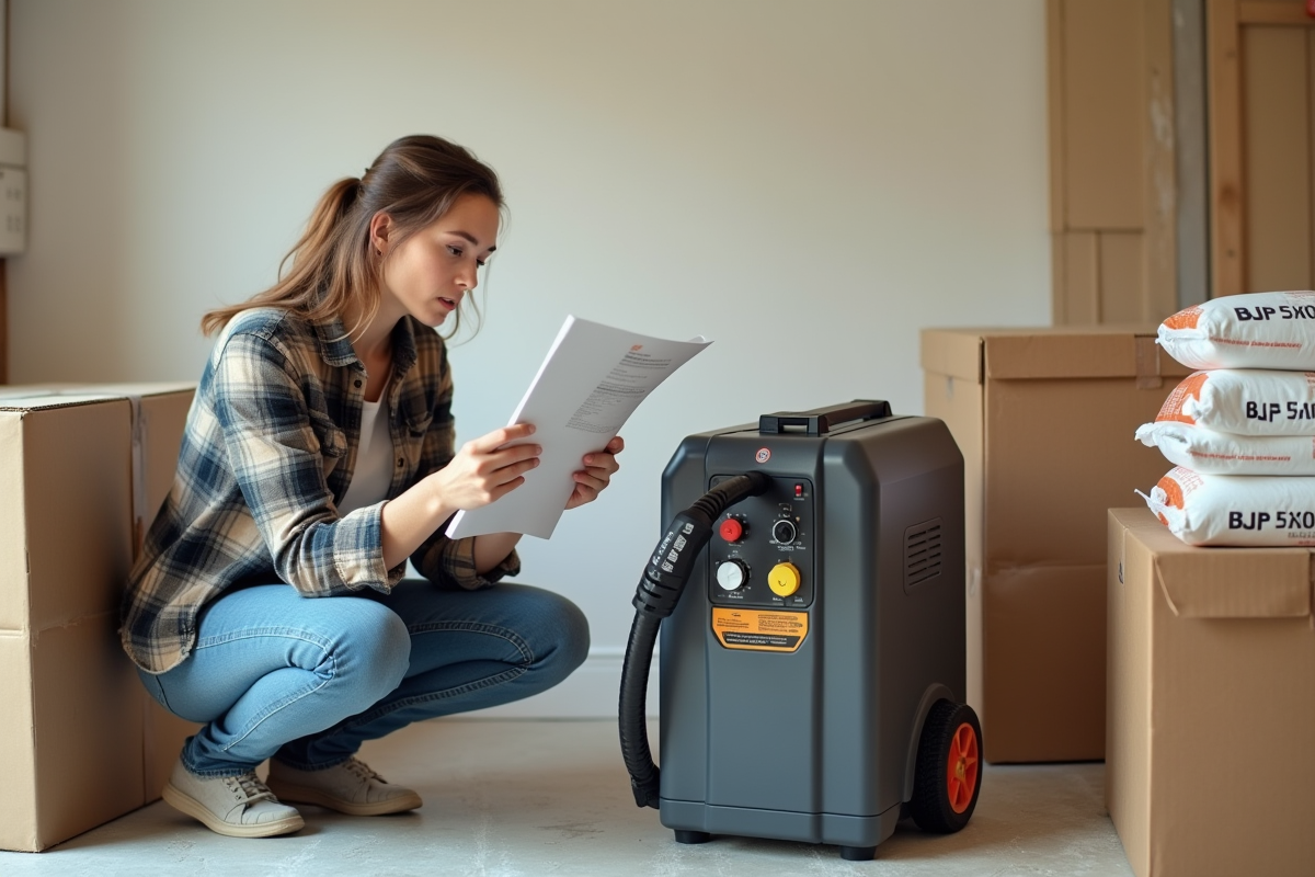 Femme bricolant avec une machine à isolation cellulose dans un garage lumineux