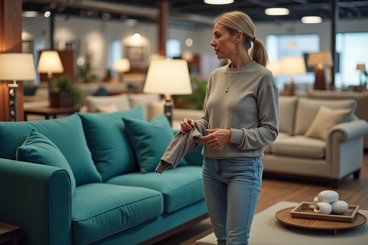 Femme choisissant un canapé dans un magasin de meubles BUT, entourée de salons exposés et de mobilier contemporain