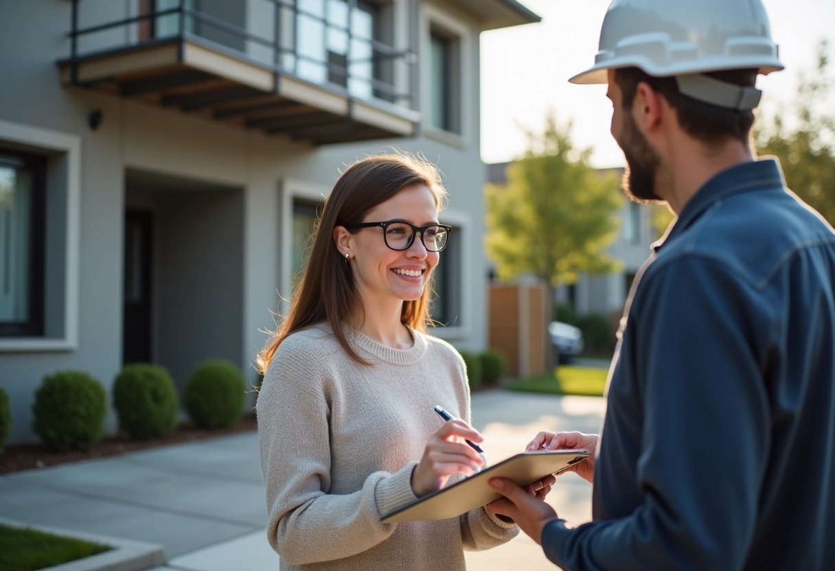 Femme avec un clipboard discute avec un entrepreneur extérieur