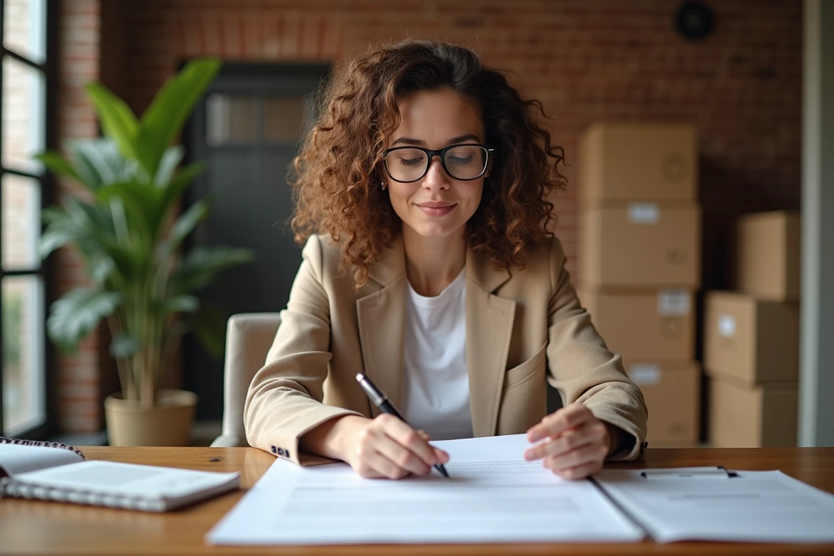 Jeune femme examine un contrat dans un bureau à domicile