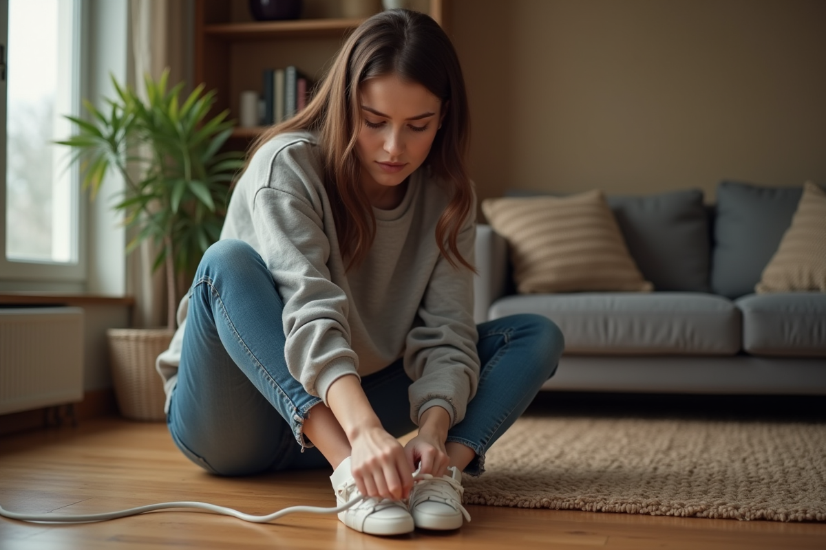 Jeune femme vérifiant un câble électrique endommagé dans un salon