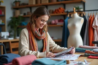Femme souriante examinant un échantillon de tissus dans un atelier créatif