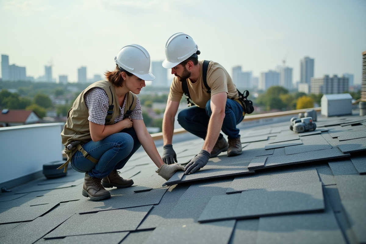 Femme couvreuse montre la pose de shingles à un apprenti en milieu urbain