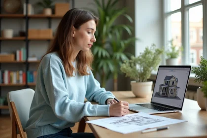 Femme en sweater bleu cr&eacute;ant un plan 3D avec Kozikaza