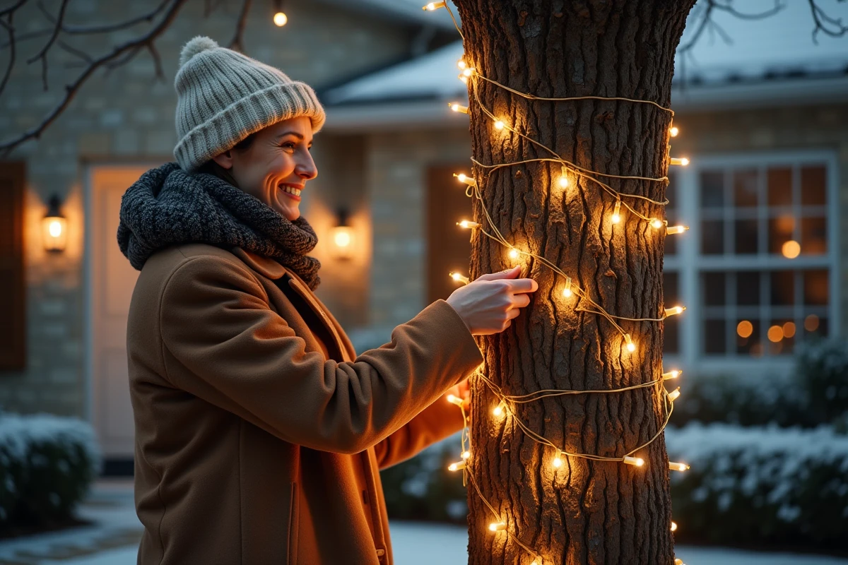 Femme souriante décorant un arbre avec des guirlandes LED dans son jardin