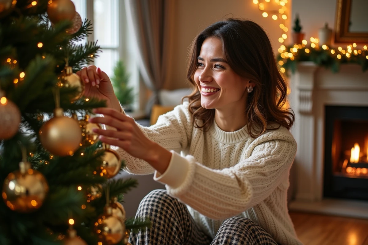 Femme en pull crème décorant un sapin de Noël