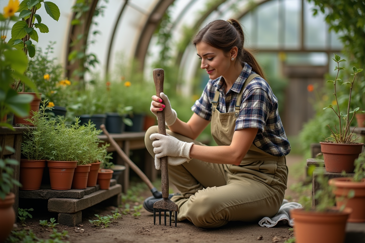 Jeune femme huilant un râteau dans une serre lumineuse