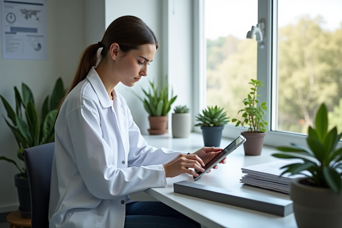 Jeune femme analysant un tube en aluminium dans un bureau