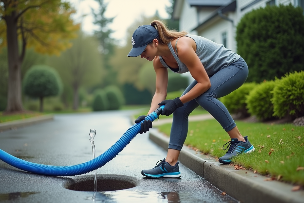 Jeune femme guidant un tuyau vers une bouche d