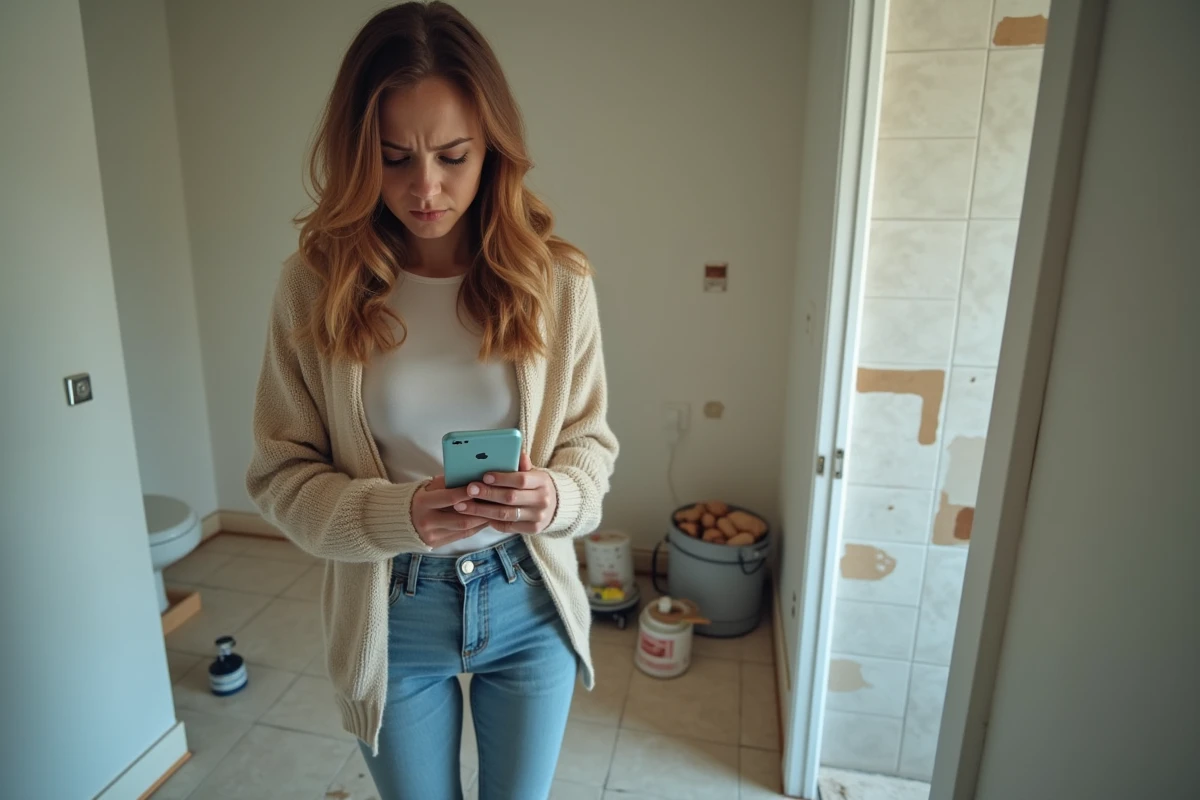 Jeune femme frustrée devant un sol de salle de bain mal posé