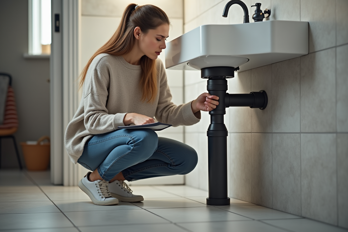 Jeune femme vérifiant siphon sous évier salle de bain