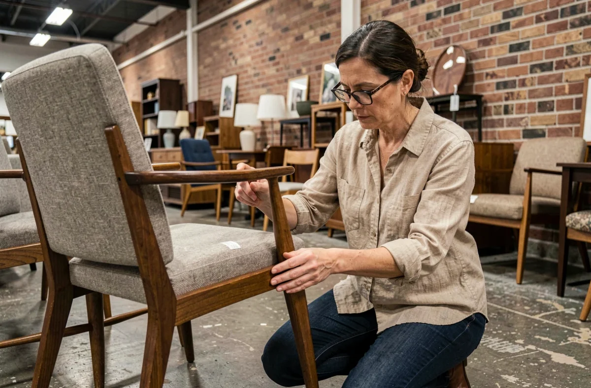 Femme inspectant une chaise de marque d'occasion dans une boutique de meubles vintage, évaluant la qualité et la solidité de la structure
