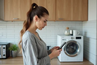 Femme inspectant un électroménager pas cher de marque Elsay dans une cuisine moderne avec smartphone en main