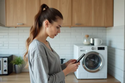 Femme inspectant un électroménager pas cher de marque Elsay dans une cuisine moderne avec smartphone en main