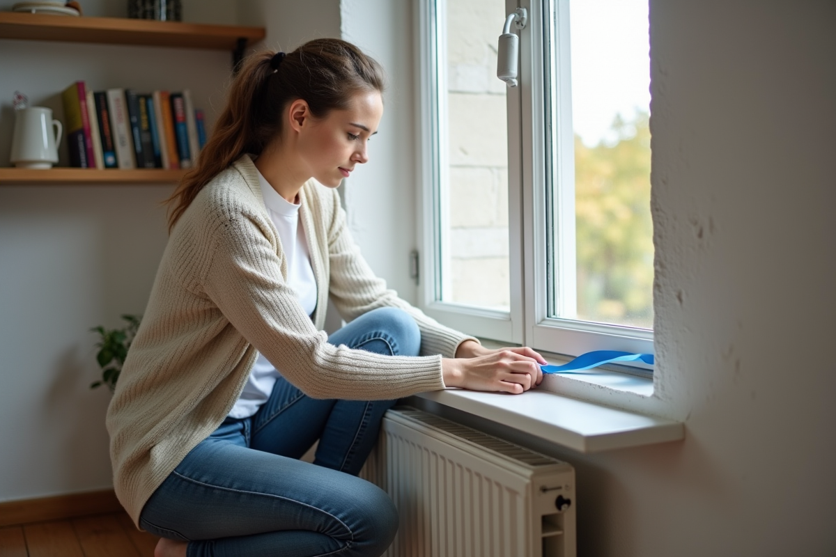 Jeune femme isolant une fenêtre dans un salon chaleureux