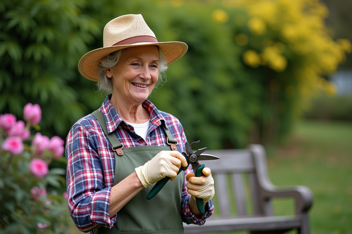 Femme senior souriante inspectant ses sécateurs dans le jardin