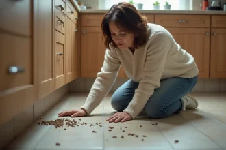 Femme curieuse observant des asticots dans la cuisine