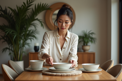 Femme élégante en lin arrangeant une porcelaine dans la salle à manger