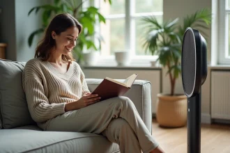 Femme détendue lisant avec un ventilateur silencieux à côté
