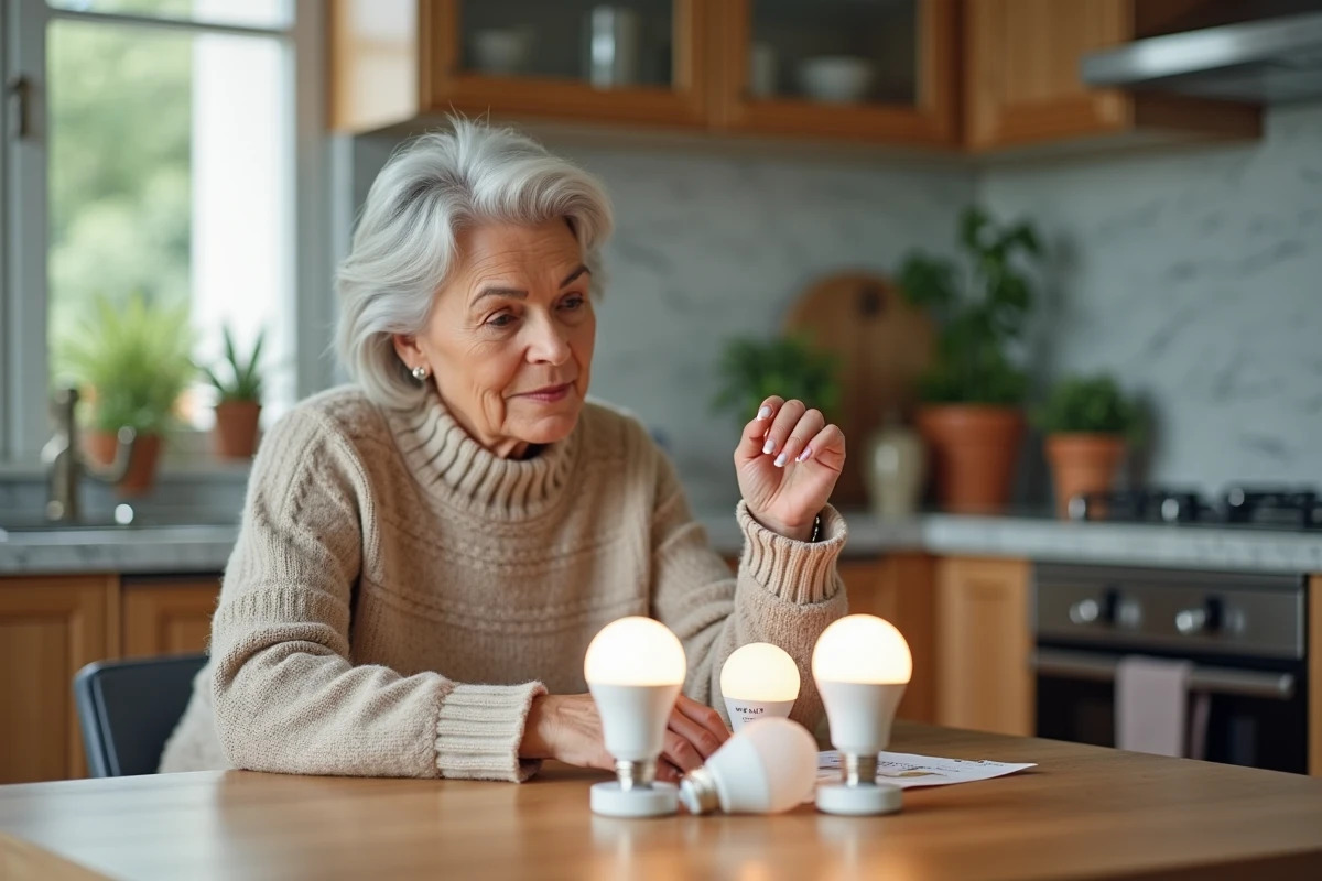 Femme dans une cuisine moderne examine des ampoules LED