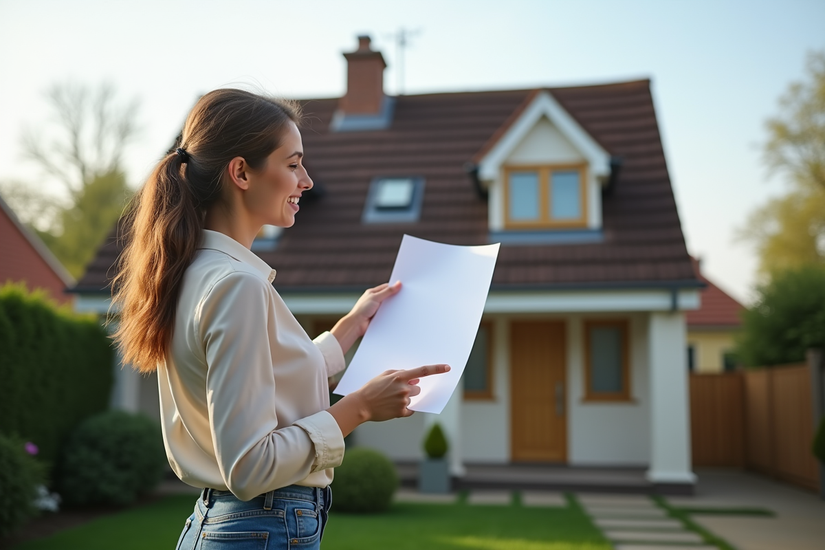 Jeune femme devant maison avec extension de toit et fenêtres dormantes