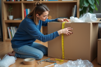 Femme mesurant un grand carton dans un salon chaleureux