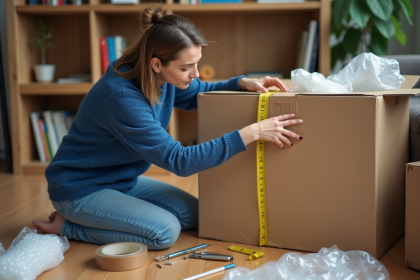 Femme mesurant un grand carton dans un salon chaleureux