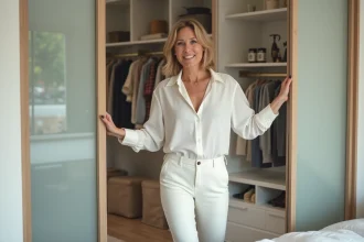 Femme élégante ouvrant un placard moderne dans sa chambre