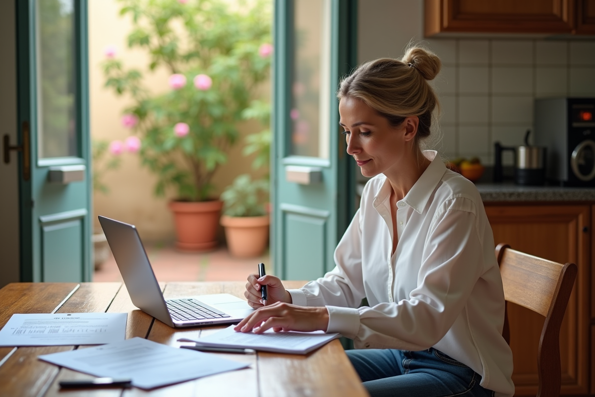 Femme lisant un contrat de location dans la cuisine