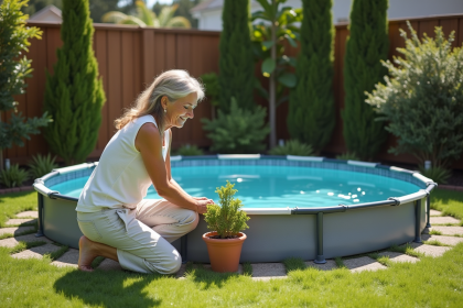 Femme d'âge moyen près d'une piscine dans un jardin