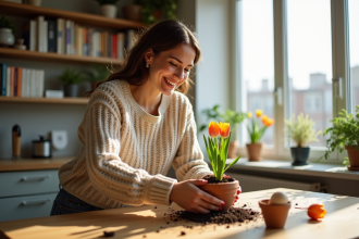 Femme souriante plantant des tulipes dans un pot en intérieur
