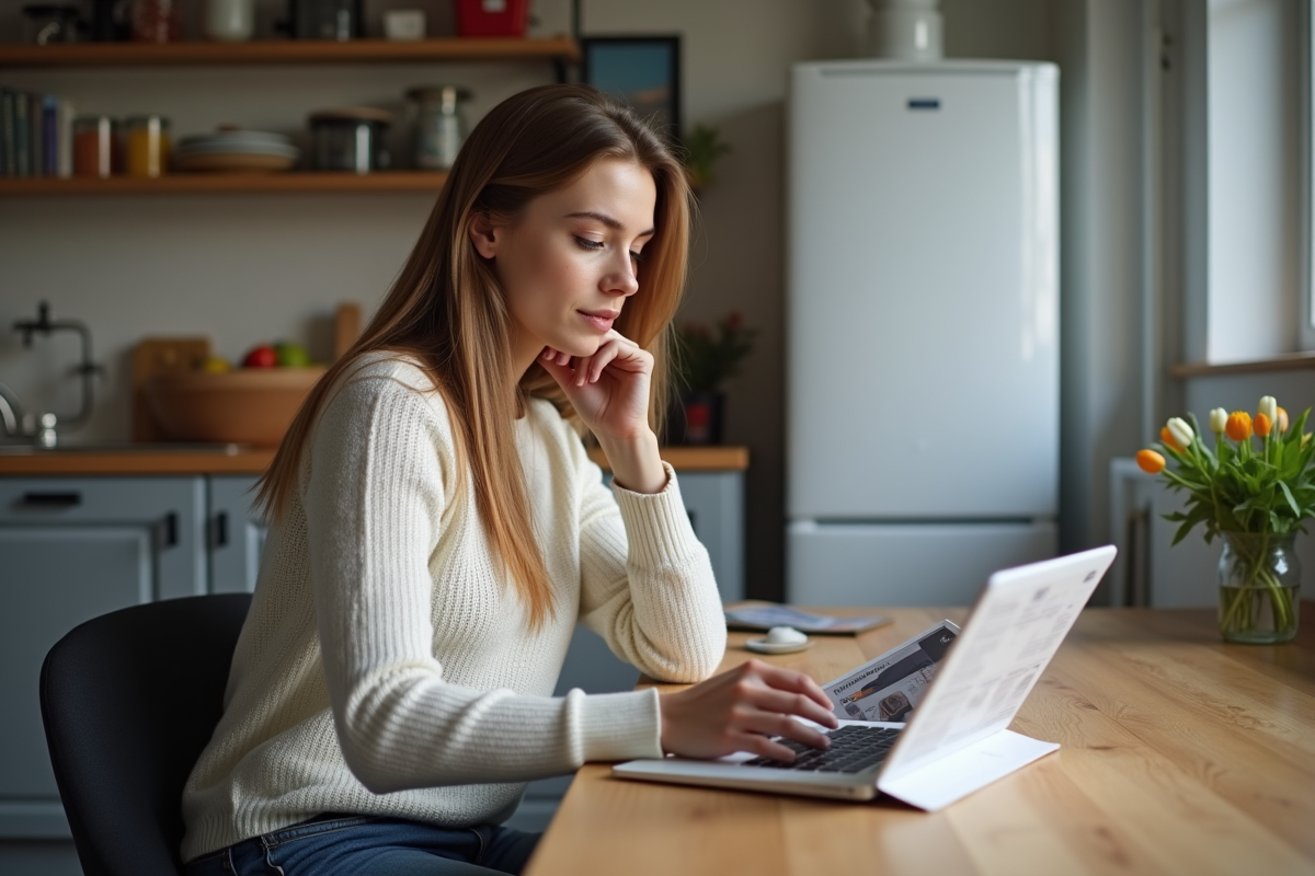 Jeune femme regardant des brochures de chaudières au tablet