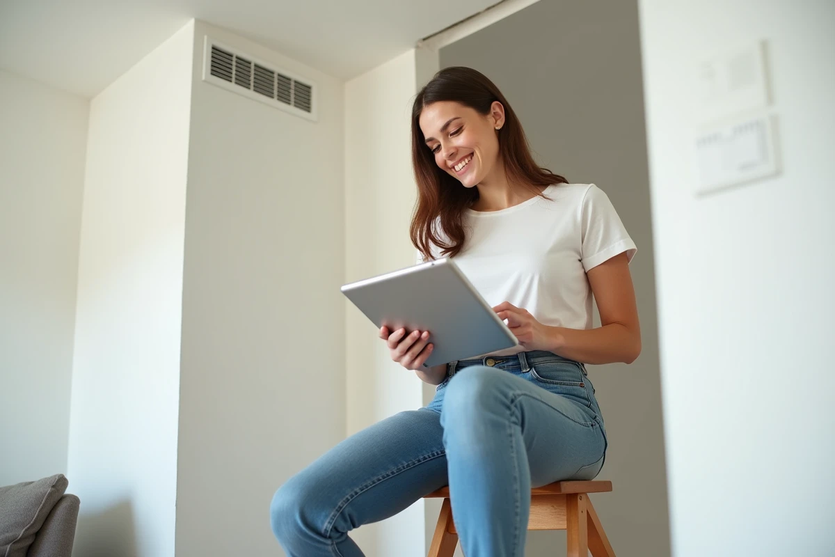 Jeune femme dans un salon renové utilisant une tablette