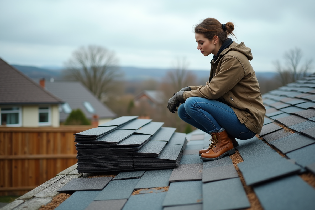 Jeune femme kneeling avec des tuiles sur le toit