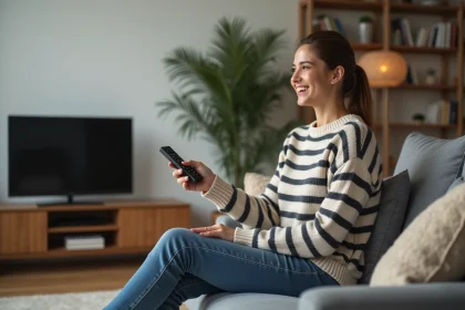 Jeune femme souriante regarde la TV dans un salon scandinave