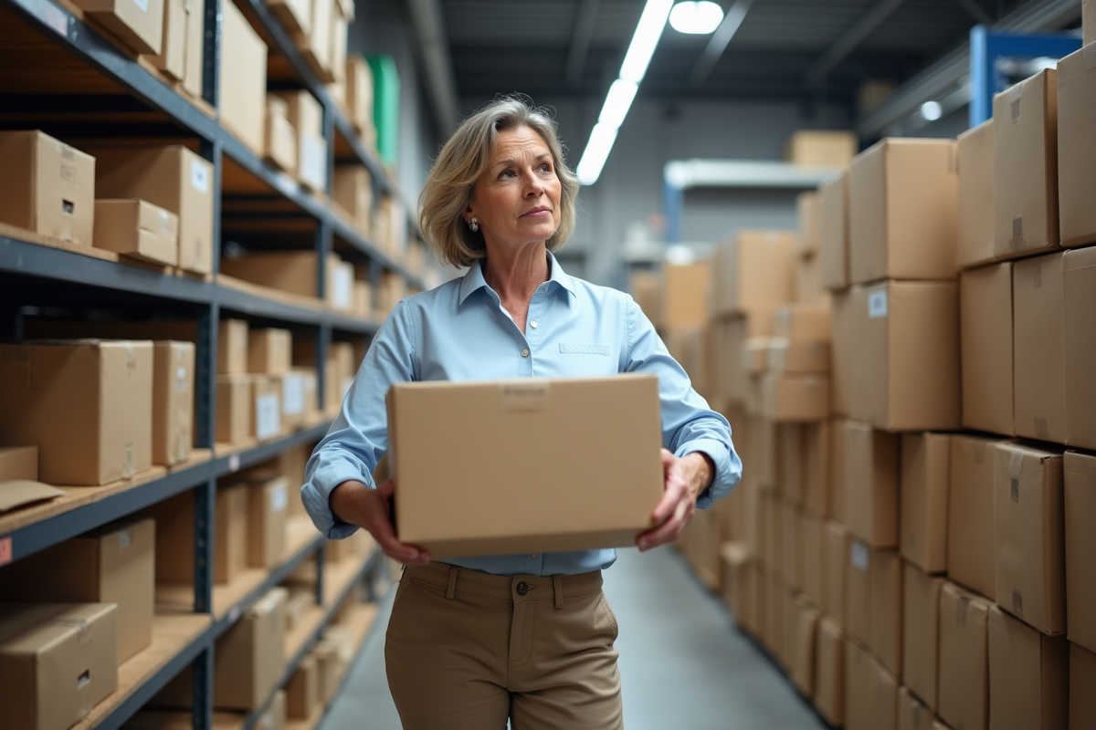 Femme choisissant des cartons dans un magasin de bricolage