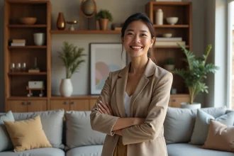 Femme souriante dans un salon urbain moderne et cosy