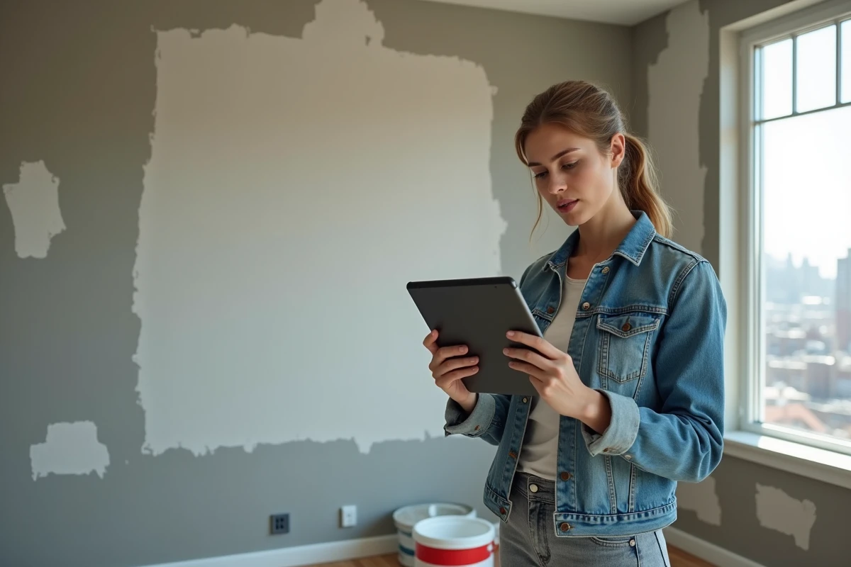 Jeune femme regarde une tablette dans une pièce en rénovation