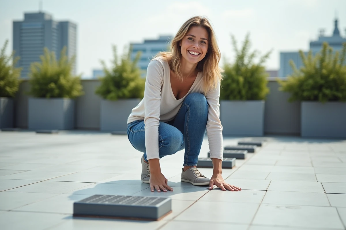 Femme souriante ajustant supports pour terrasse urbaine