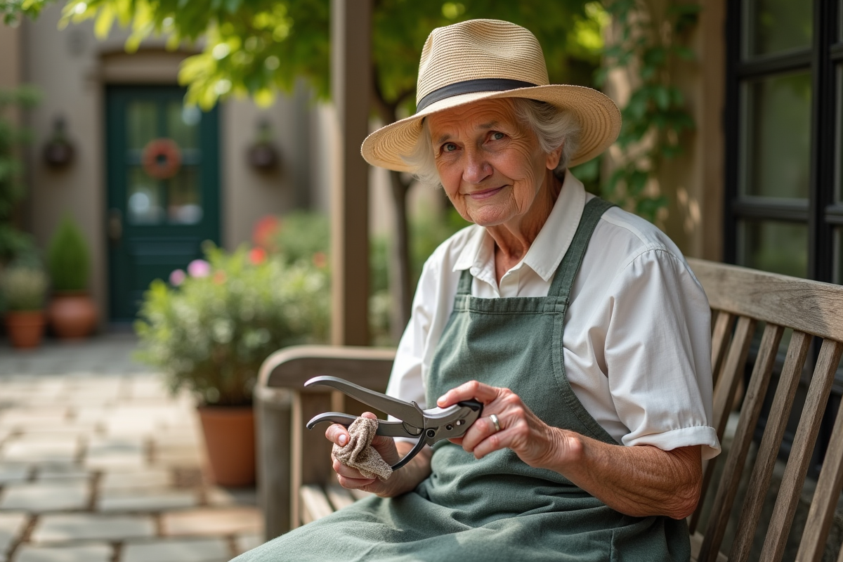 Femme âgée nettoyant des sécateurs de jardin avec un chiffon