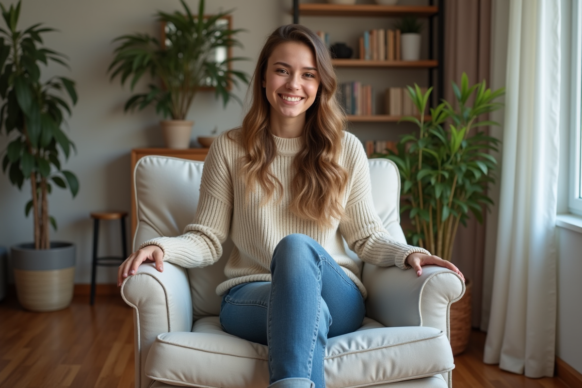 Jeune femme assise sur une chaise rembourrée dans un salon cosy