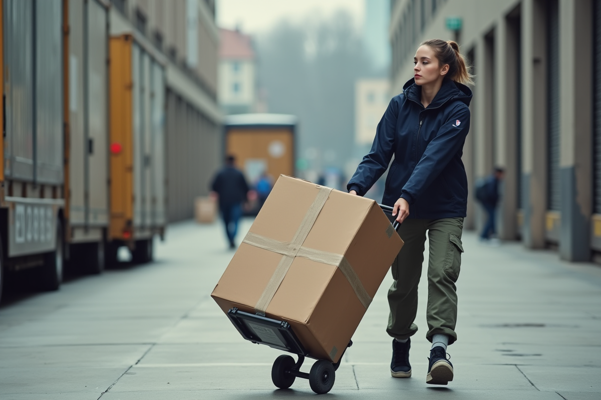 Jeune femme poussant un colis emballé dans un dépôt urbain
