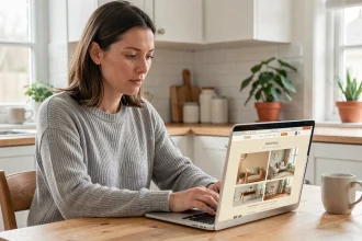 Femme utilisant un site de décoration intérieure sur son ordinateur portable dans une cuisine moderne et épurée