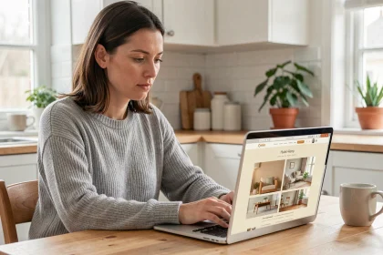 Femme utilisant un site de décoration intérieure sur son ordinateur portable dans une cuisine moderne et épurée