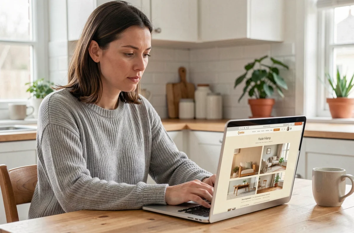 Femme utilisant un site de décoration intérieure sur son ordinateur portable dans une cuisine moderne et épurée