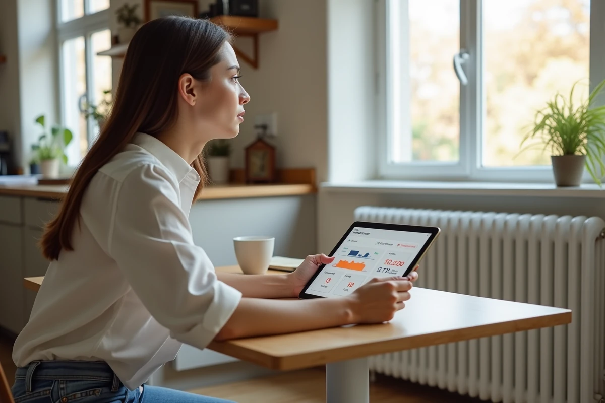 Jeune femme regardant une radiateur avec une tablette d