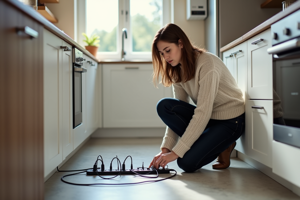Jeune femme vérifiant des appareils branchés dans une cuisine moderne